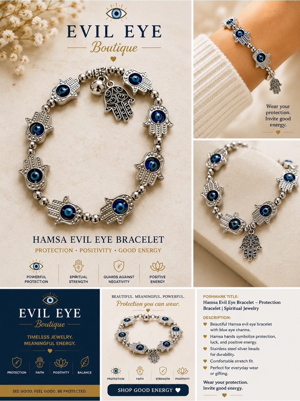 Hamsa Bracelet - Silver with Blue Evil Eye